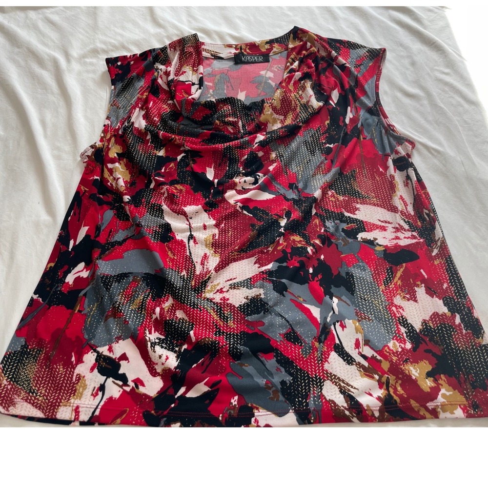 Kasper Womens Red Abstract Floral Cowl Neck Sleeveless Blouse Shell Top XXL
